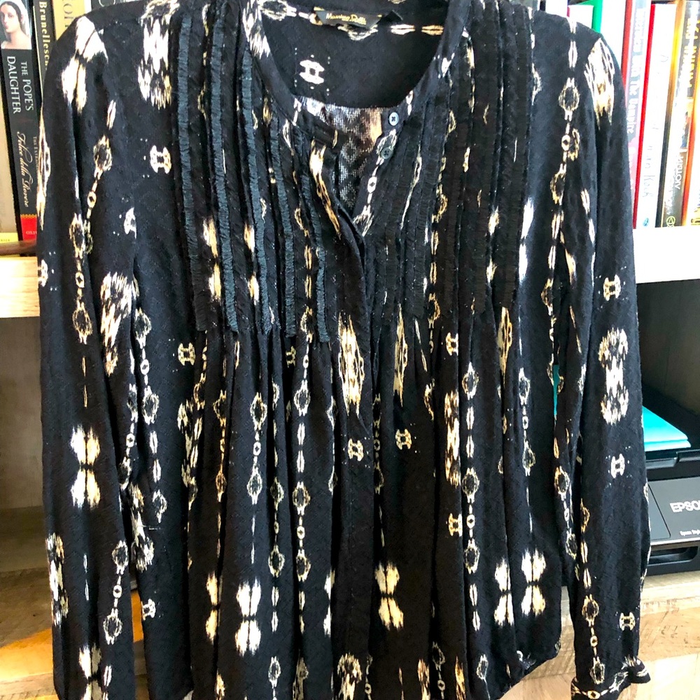 Massimo Dutti Black and Cream Patterned Pleated Blouse